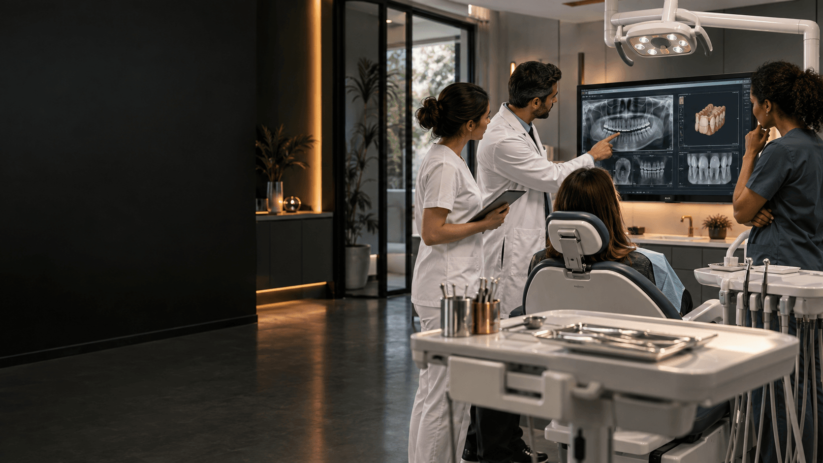 Equipe odontológica analisando imagens dentárias em uma clínica moderna